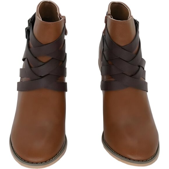 Journee Collection Tan Brown Strap Stacked Heel Booties Size 8.5W - Picture 5 of 6